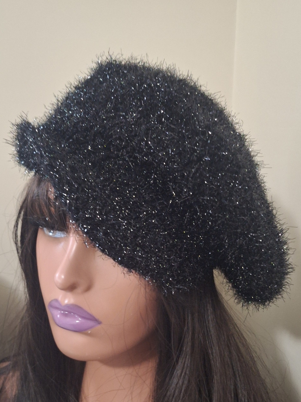 Sparkle Fuzzy Black Newsboy Hat for Women